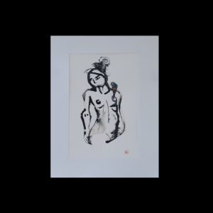 2- Catherine DUPLAIX- "Femme à l'oiseau" - encre de Chine et petit collage- "directement de l'inconscient à la main" - 40x30cm - encadré - prix: 60€- Id: CDU-3-2023