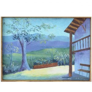 8- Élias BÉNIFLAH- "Casa Prudon"- 2008- 50x70cm- Huile sur toile- Encadré- "Vue de la maison sur le mont Valier " - Prix: 60€- Id: EBE-9-2023